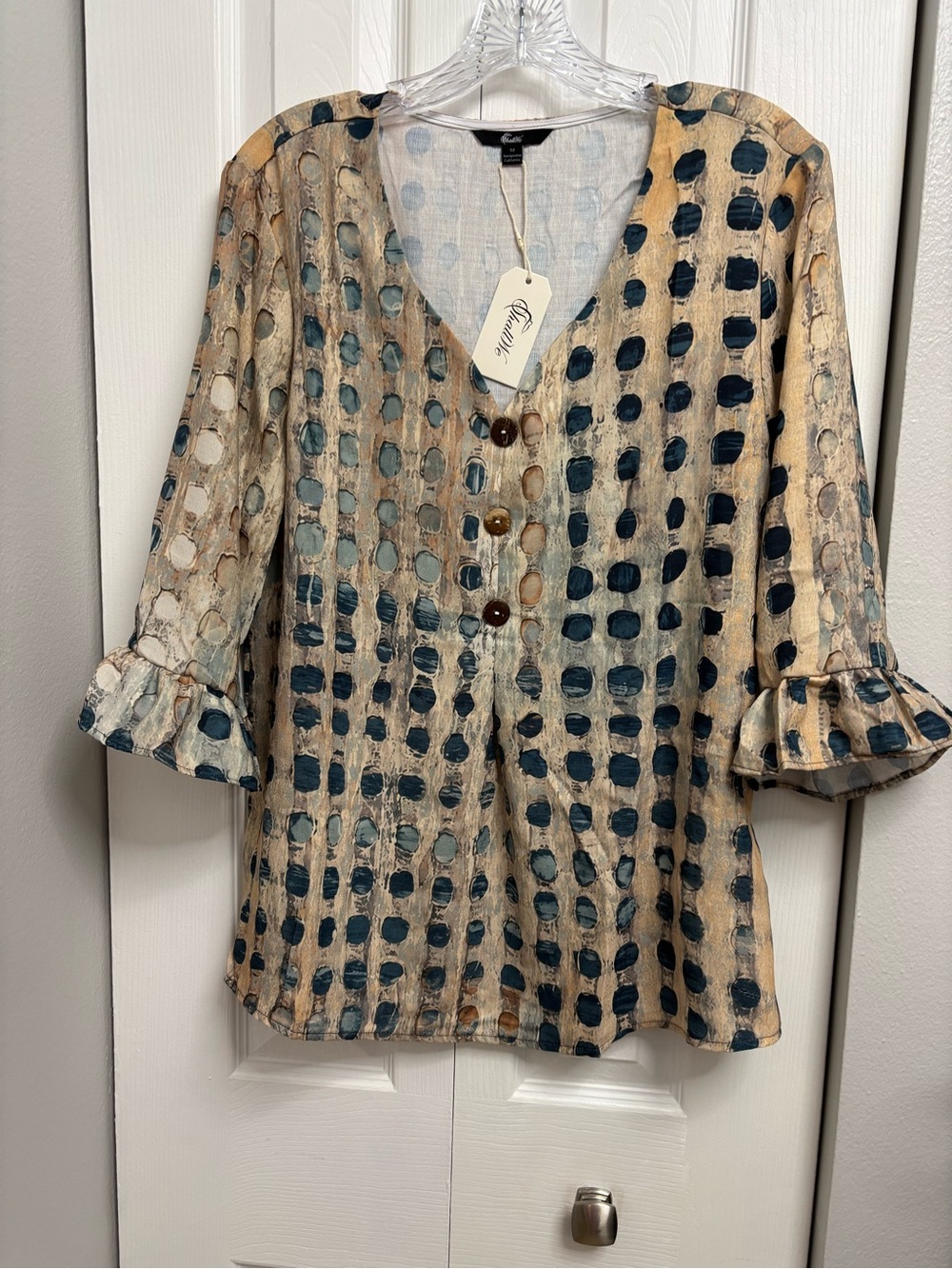 Chalet Cream & Navy Dot V-Neck Button Blouse with Ruffle Sleeves